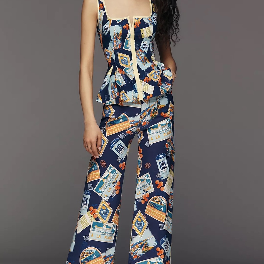 Travel Poster Print Wide Leg Pants - Navy Multi - Picture 4 of 8